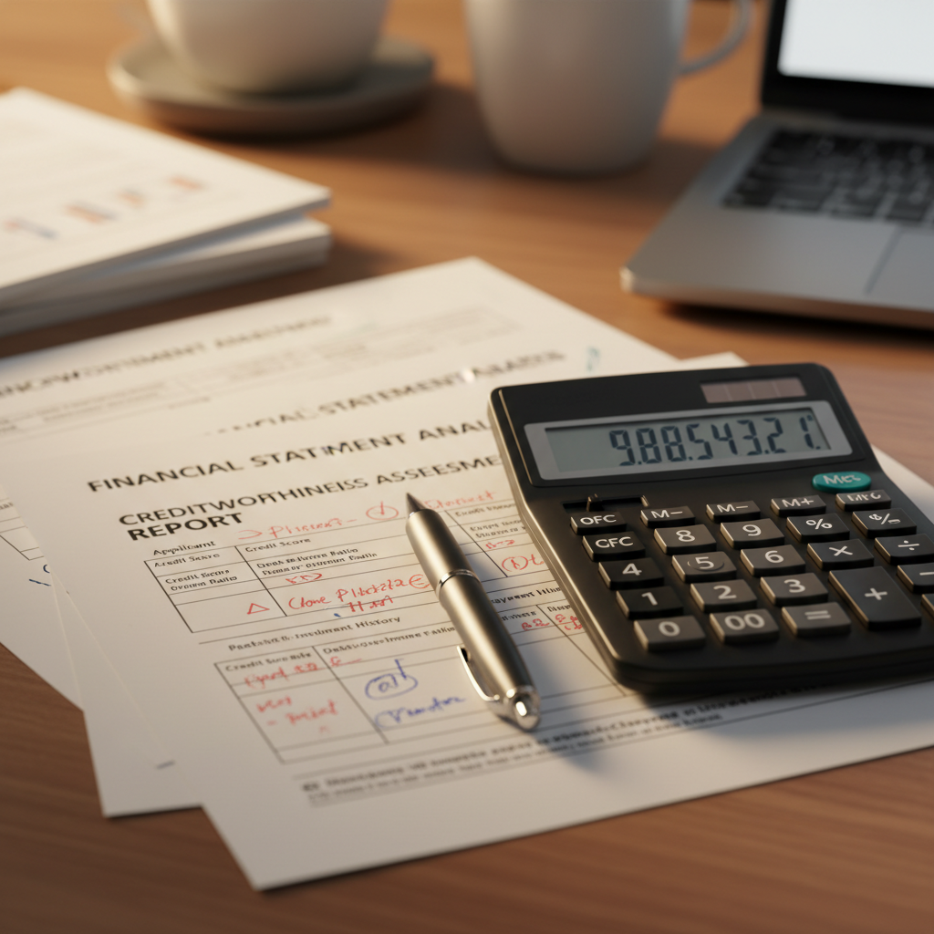 Close-up of financial documents and calculator showing detailed loan assessment analysis Close-up of financial documents and calculator showing detailed loan assessment analysis