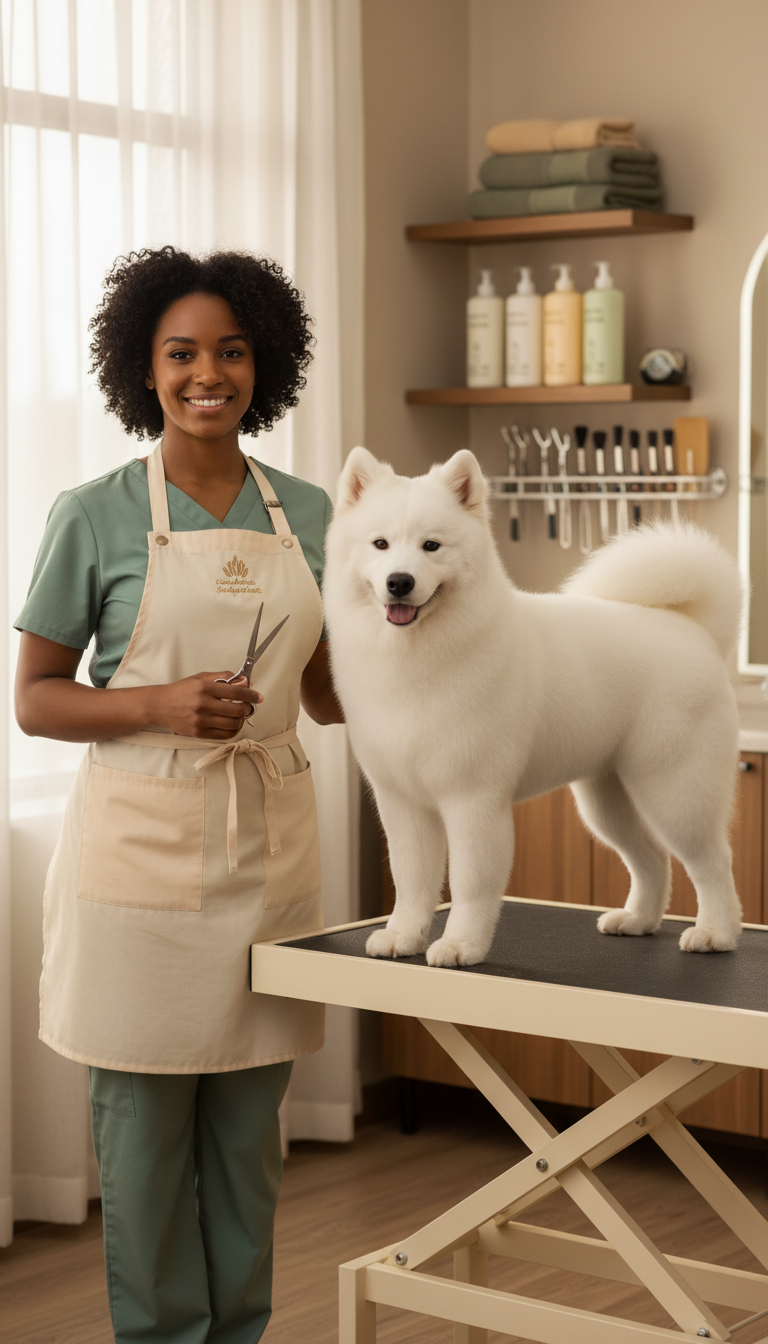 Professional groomer in attire standing with freshly groomed fluffy dog at grooming station with organized supplies Professional groomer in attire standing with freshly groomed fluffy dog at grooming station with organized supplies