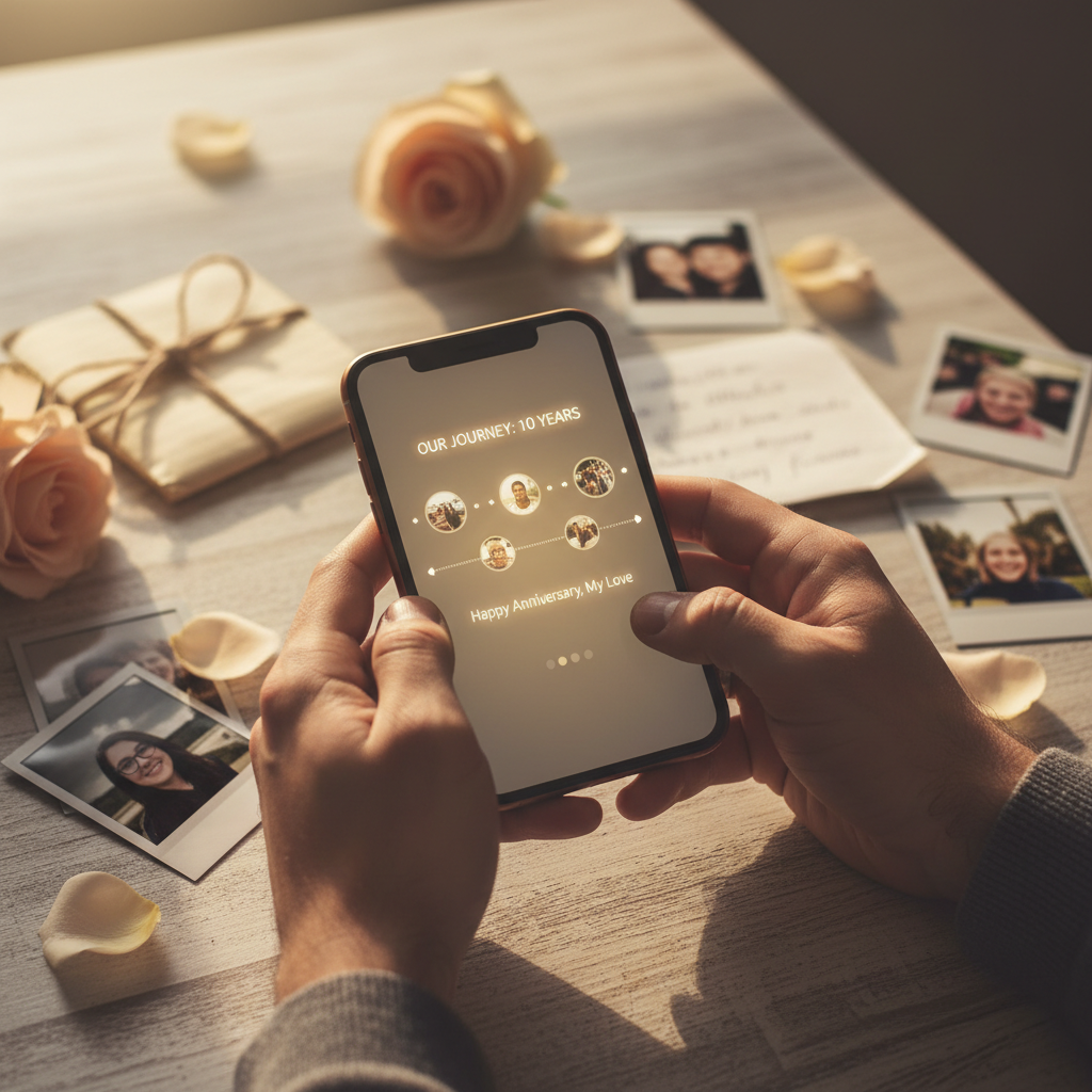 Couple's hands holding smartphone displaying personalized romantic digital memories on glowing screen with scattered photos and rose petals on wooden table Couple's hands holding smartphone displaying personalized romantic digital memories on glowing screen with scattered photos and rose petals on wooden table