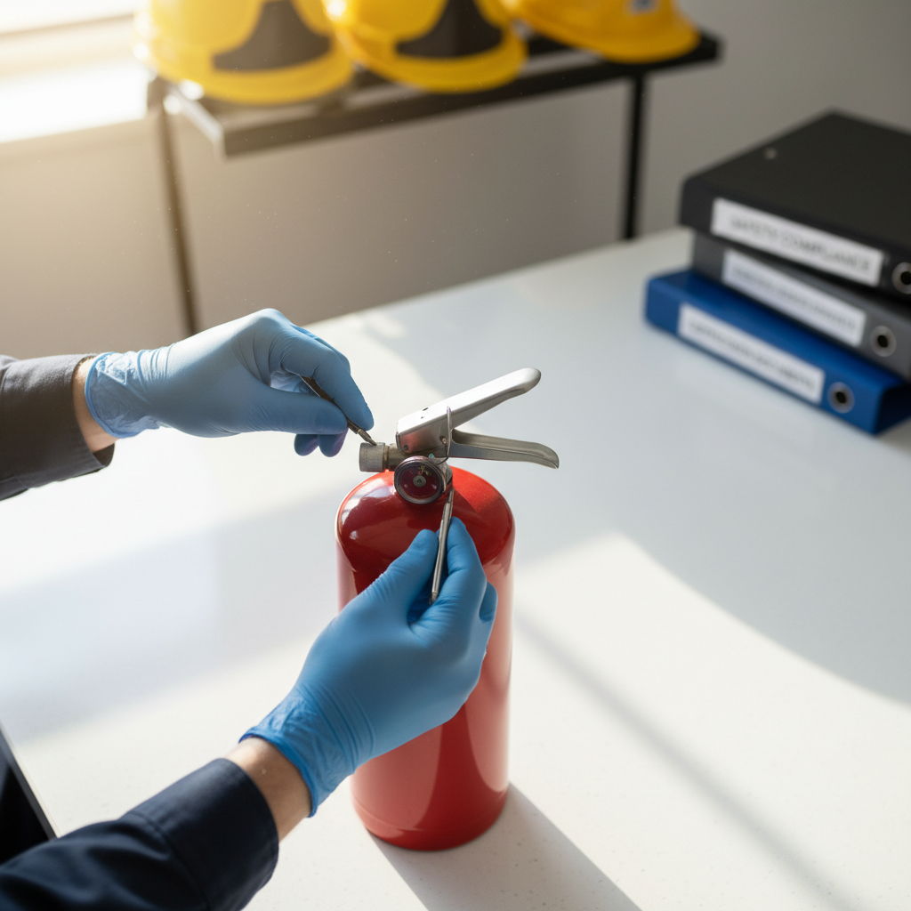 technician inspecting fire extinguisher