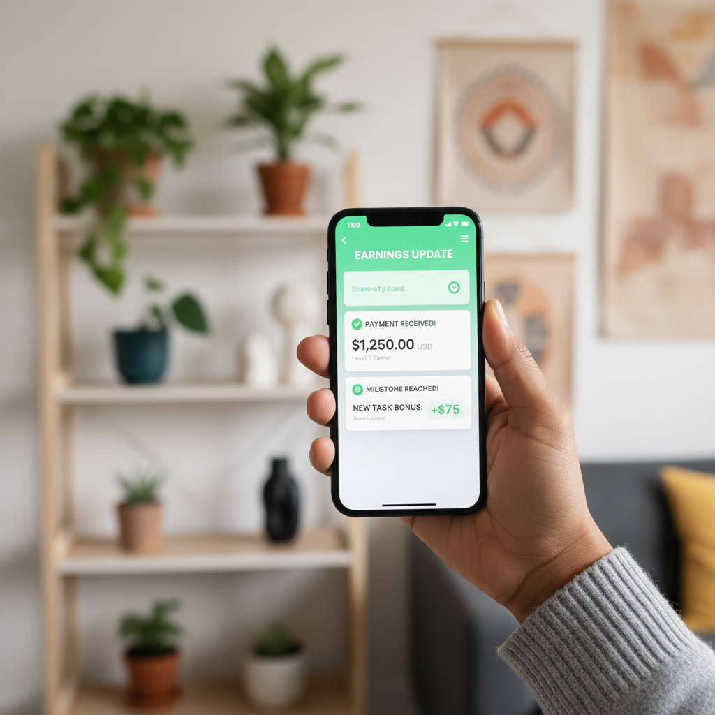 Close-up of hand holding smartphone showing earning notification and payment confirmation on screen