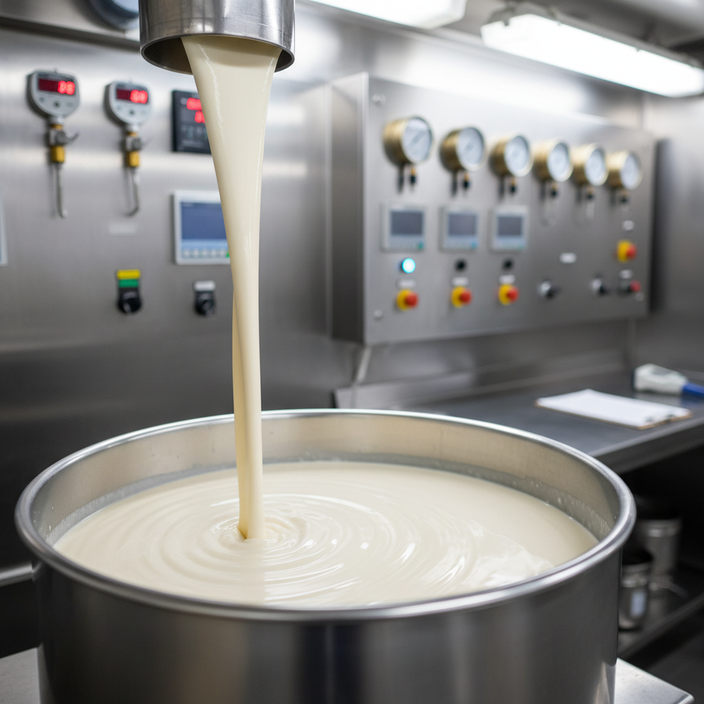 Close-up of creamy dairy ingredient being processed in stainless steel vat with precision equipment and quality control oversight Close-up of creamy dairy ingredient being processed in stainless steel vat with precision equipment and quality control oversight