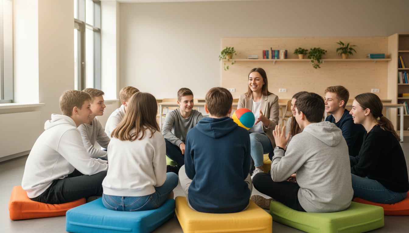Diverse teenagers sitting in discussion circle with facilitator during interactive behavioral training workshop in bright classroom Diverse teenagers sitting in discussion circle with facilitator during interactive behavioral training workshop in bright classroom