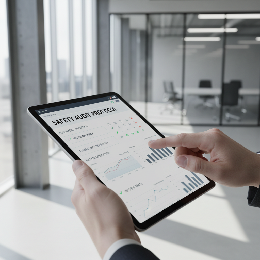 Integrating OSHA and Joint Commission standards requires expert oversight to ensure full facility compliance. A professional in a safety vest using a tablet to review healthcare compliance documentation on site.