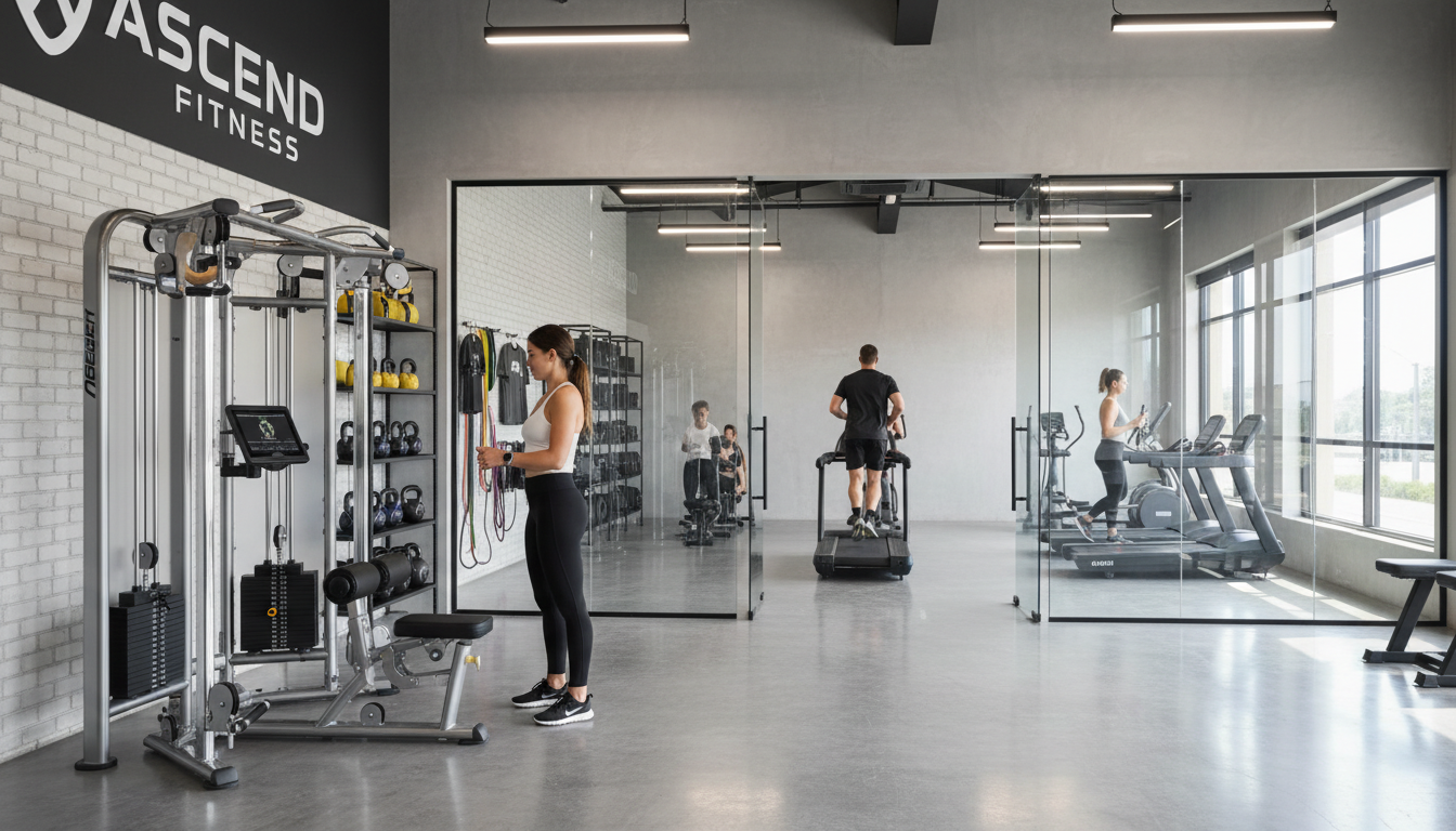 Customer browsing retail equipment display with active gym members training visible in background fitness facility