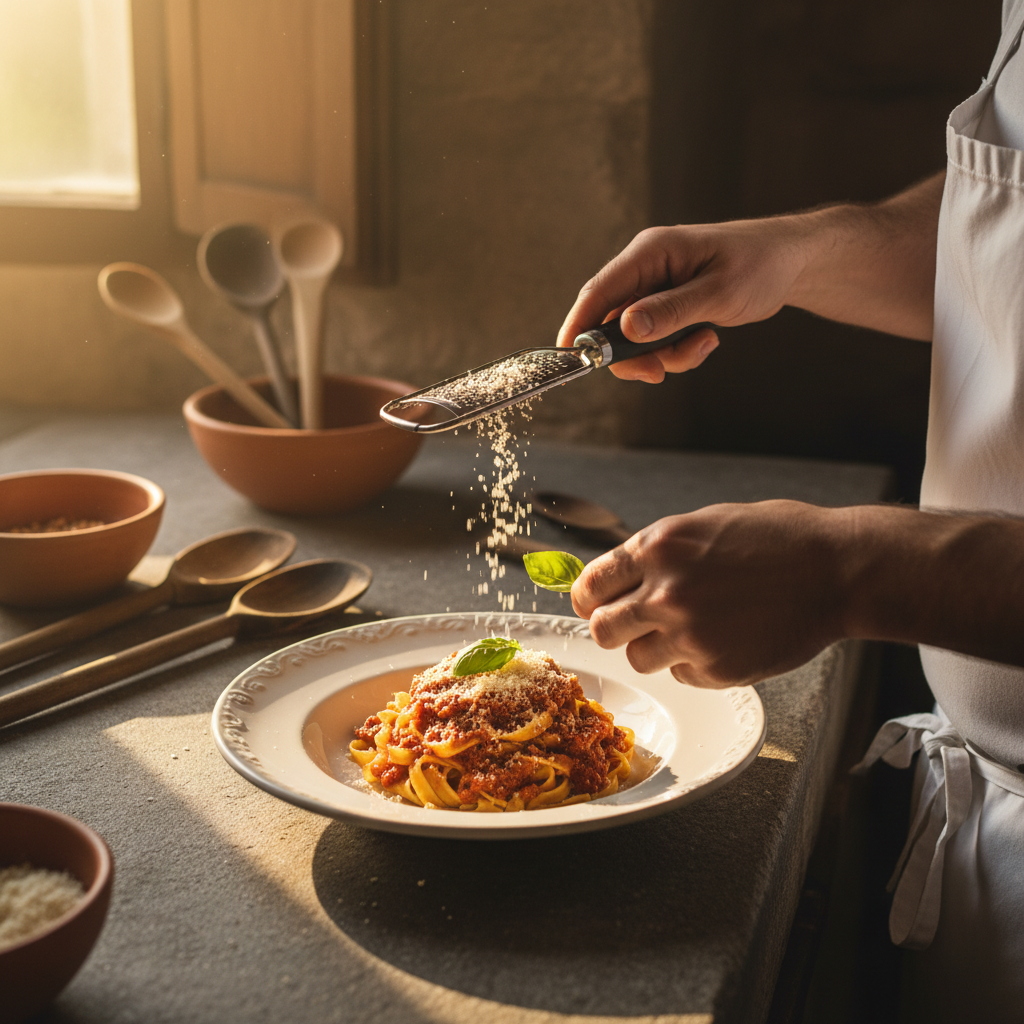 Chef's hands plating fresh Italian pasta with ragù sauce, Pecorino Romano, and basil in rustic historic kitchen Chef's hands plating fresh Italian pasta with ragù sauce, Pecorino Romano, and basil in rustic historic kitchen