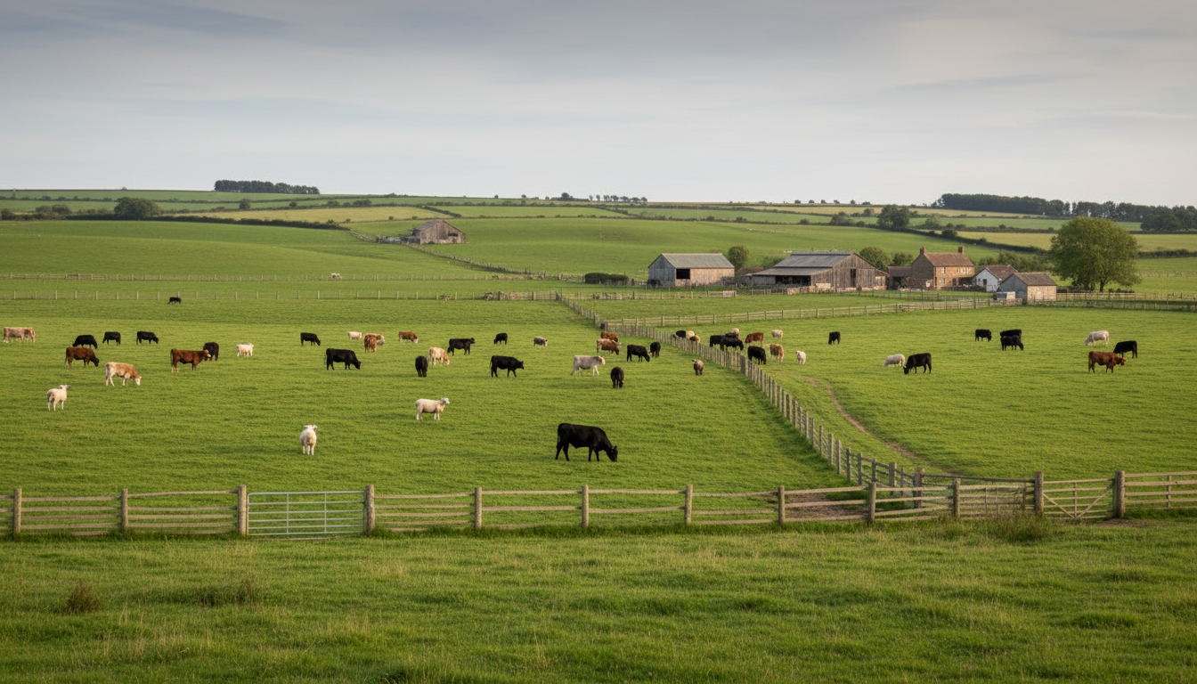 Wide pastoral landscape showing mixed herds of cattle and sheep grazing on rolling green pastures with wooden fence