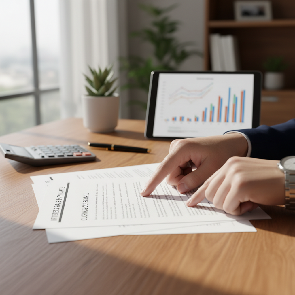 Loan officer reviewing mortgage documents with client at wooden desk, pointing to key financial details Loan officer reviewing mortgage documents with client at wooden desk, pointing to key financial details