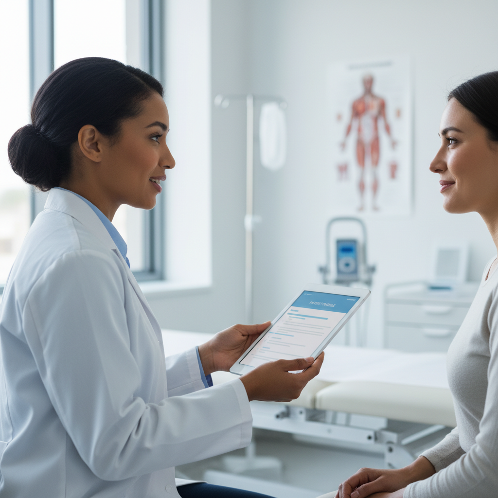 Female physician in white coat consulting with patient using digital tablet in bright, modern examination room Female physician in white coat consulting with patient using digital tablet in bright, modern examination room