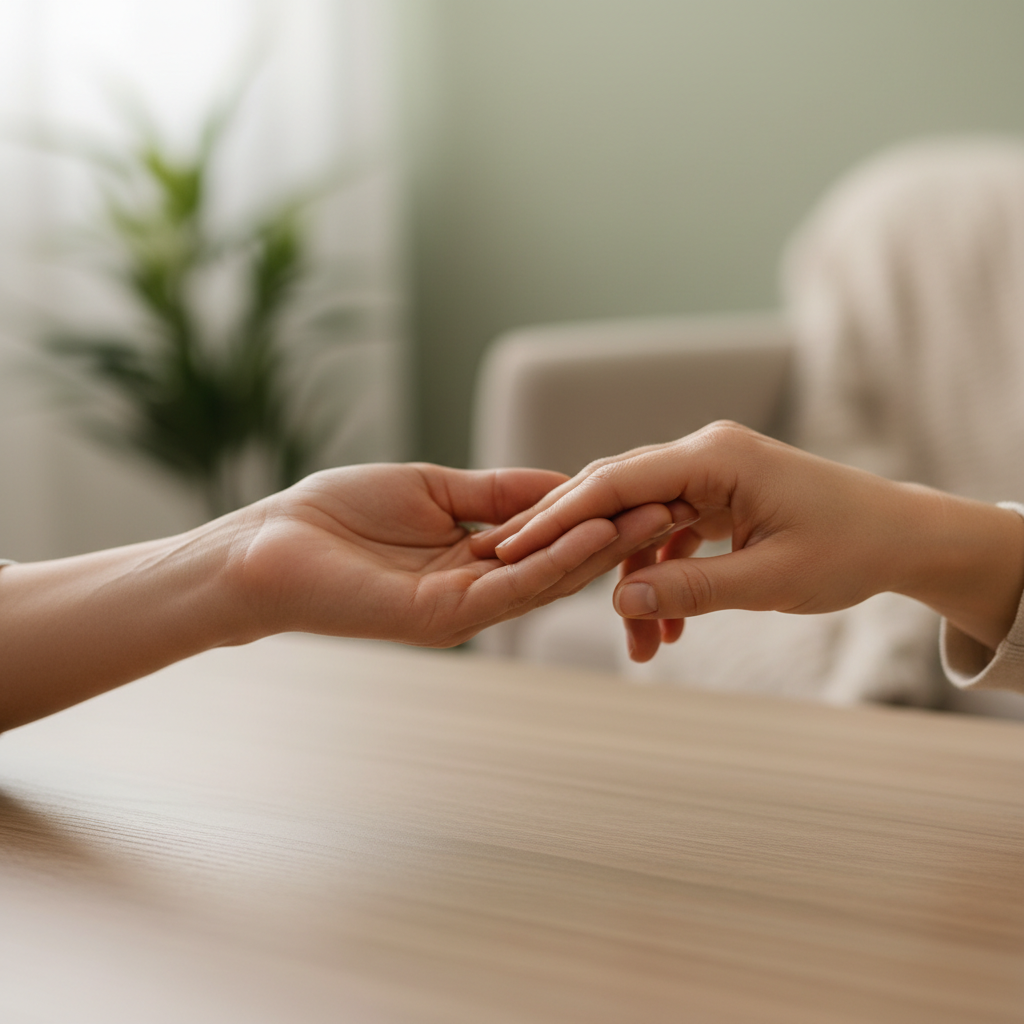 Close-up of two hands reaching toward each other in compassionate gesture during counseling session Close-up of two hands reaching toward each other in compassionate gesture during counseling session