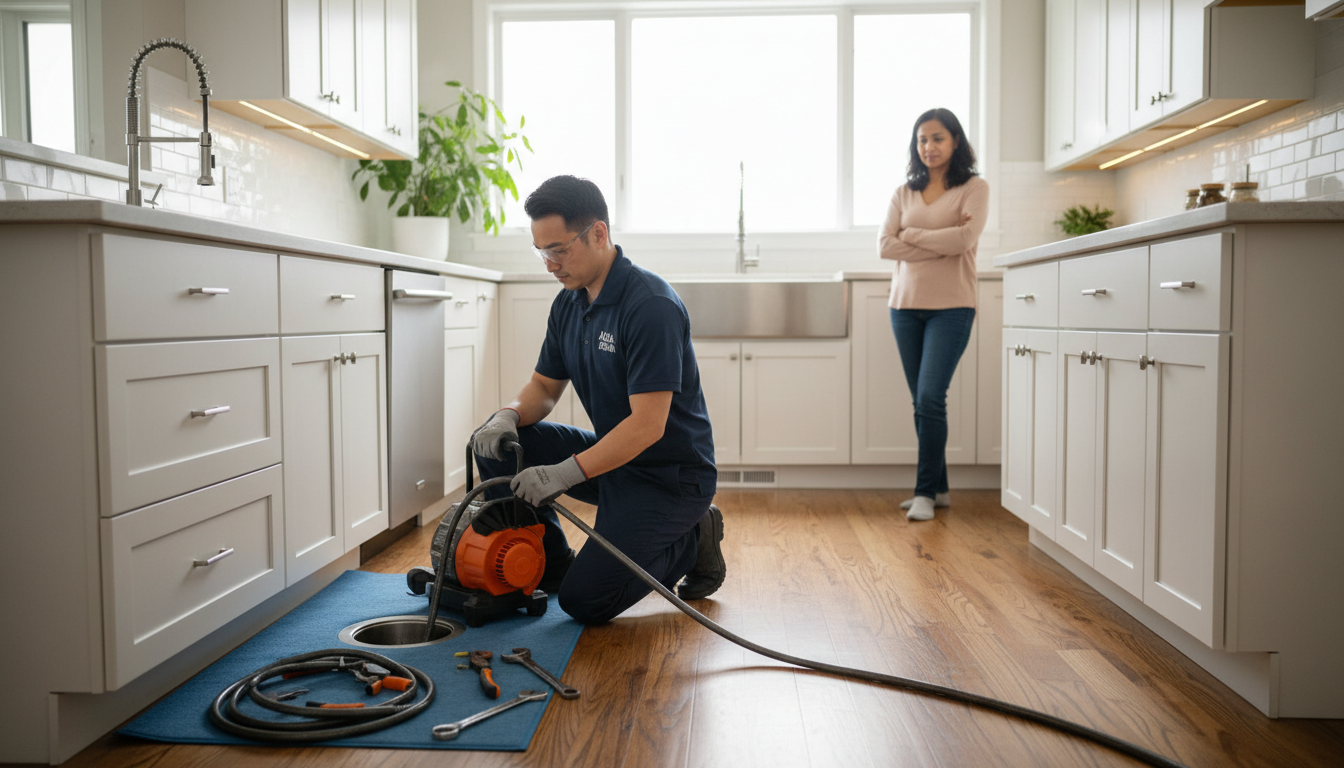 Advanced equipment and job complexity are key factors that influence the final cost of plumbing services. Technician using a specialized drain snake machine to clear a complex clog in a kitchen sink.