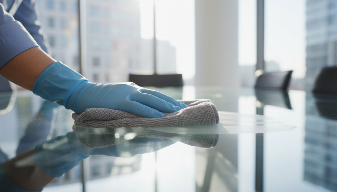 Gloved hands wiping down glass conference table with microfiber cloth in bright office workspace