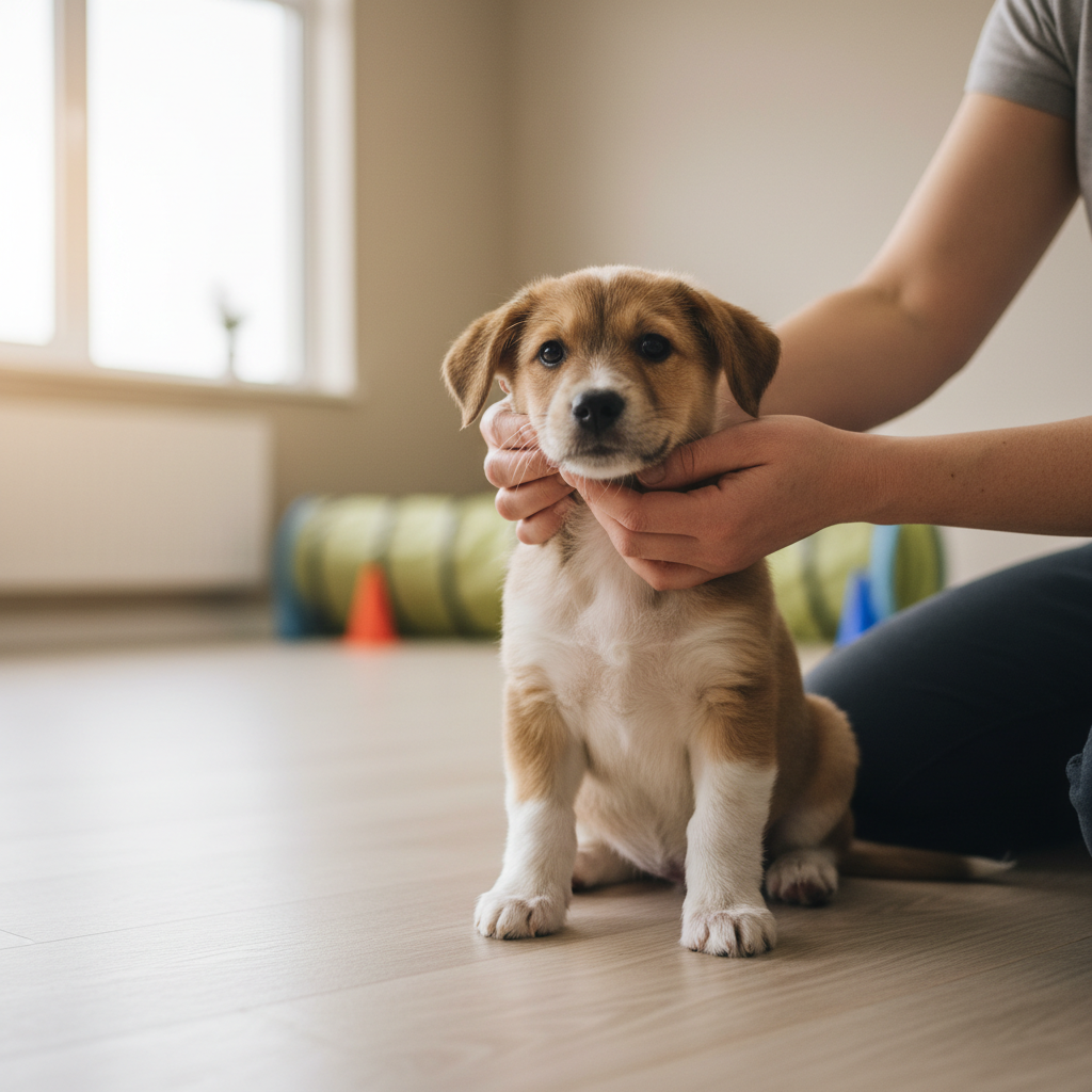 Smaller groups allow our trainers to provide the individual coaching your puppy needs to succeed. A professional puppy trainer sitting on the floor giving focused, one-on-one guidance to a golden retriever puppy.