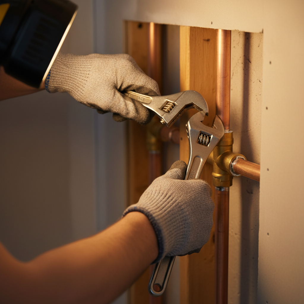 Upgrading older gas lines with modern materials can significantly reduce the risk of leaks in aging homes. New copper piping being professionally installed in a building, showing secure connections and modern plumbing standards.