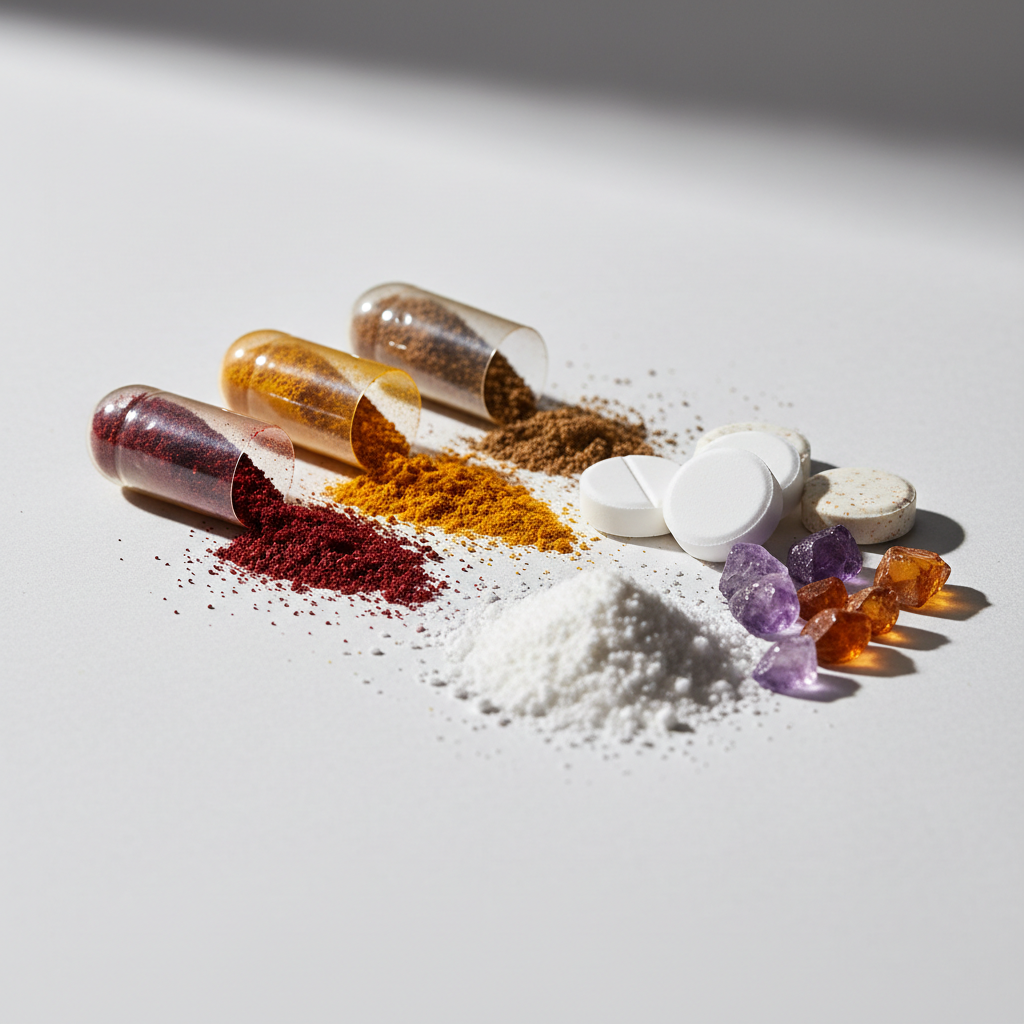 Extreme close-up of supplement capsules, powders, and ingredients showing product quality and texture detail