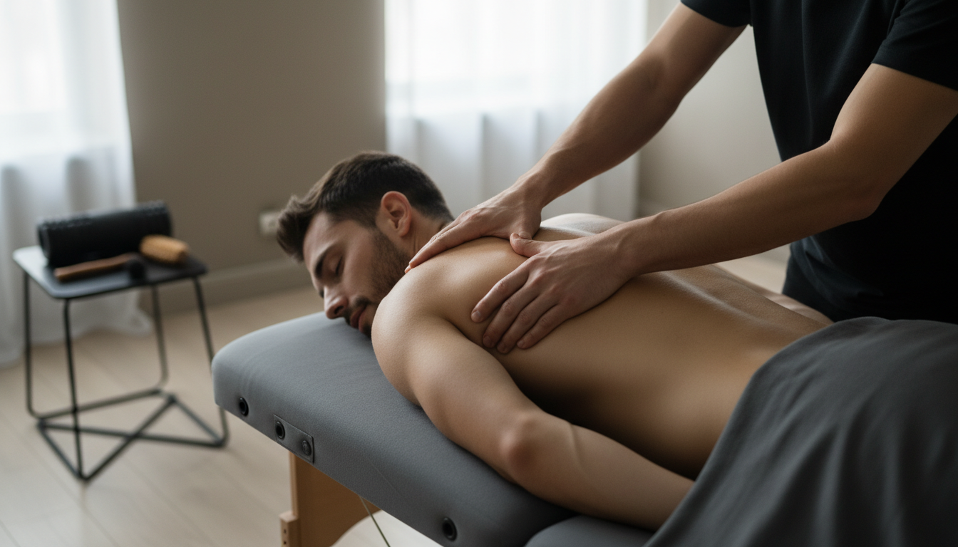 Massage therapist performing deep tissue recovery work on athlete's shoulder and upper back during professional therapy session