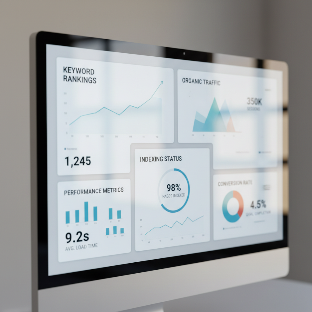 Durable's built-in SEO tools work best when actively configured, not left on defaults. SEO analytics dashboard displayed on a computer screen showing keyword rankings and traffic data