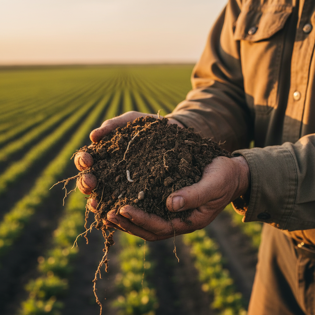 Farmer's hands examining rich soil in crop field during golden hour sunlight Farmer's hands examining rich soil in crop field during golden hour sunlight