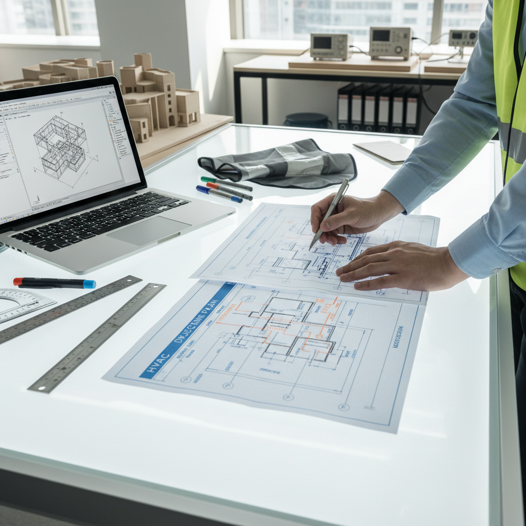 A strategic roadmap ensures legacy equipment is modernized without interrupting production cycles. An industrial engineer reviewing technical blueprints on a large digital monitor to plan system architecture.