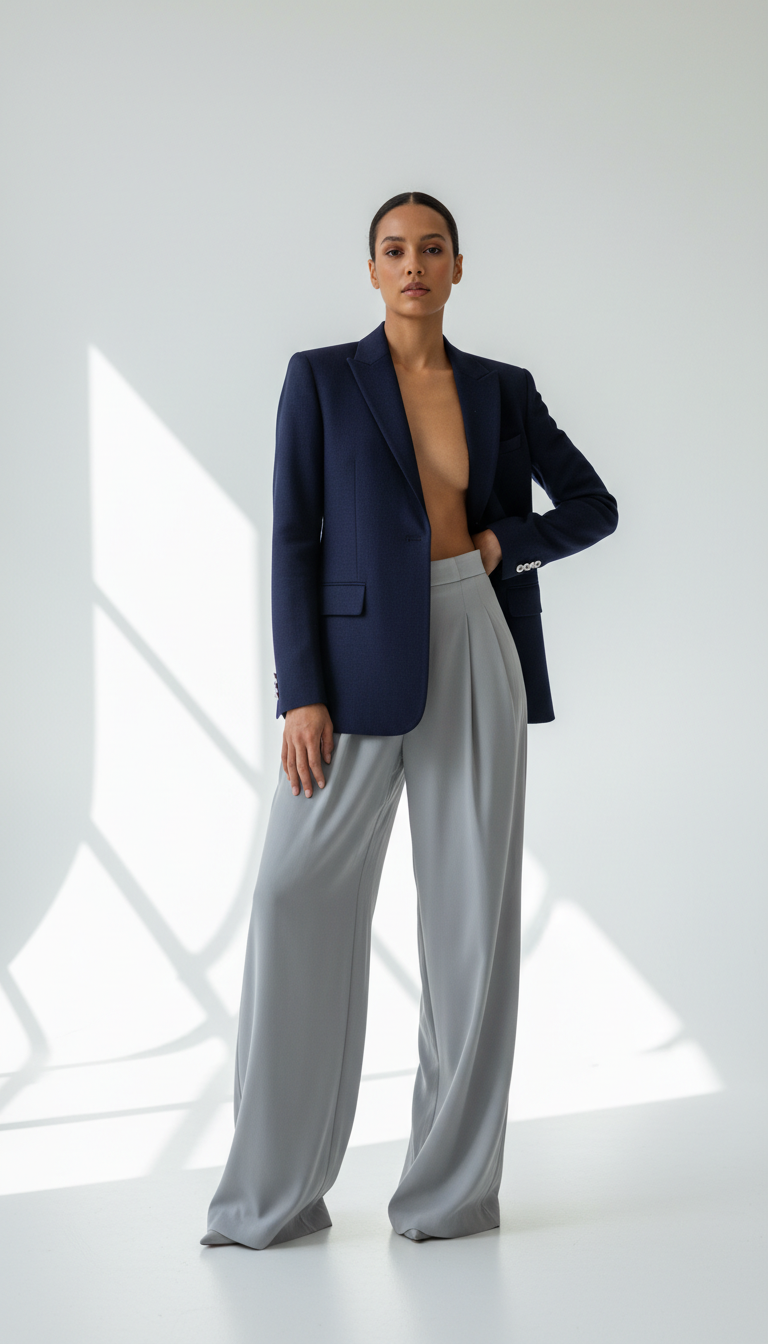 Model in confident stance wearing tailored blazer and trousers, photographed in minimalist studio with natural window lighting