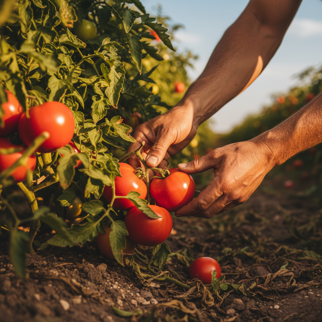 Harvesting at the perfect moment of ripeness ensures the best flavor for your Toronto home garden. Close up of a hand carefully picking a ripe red tomato from a vine in a greenhouse row.