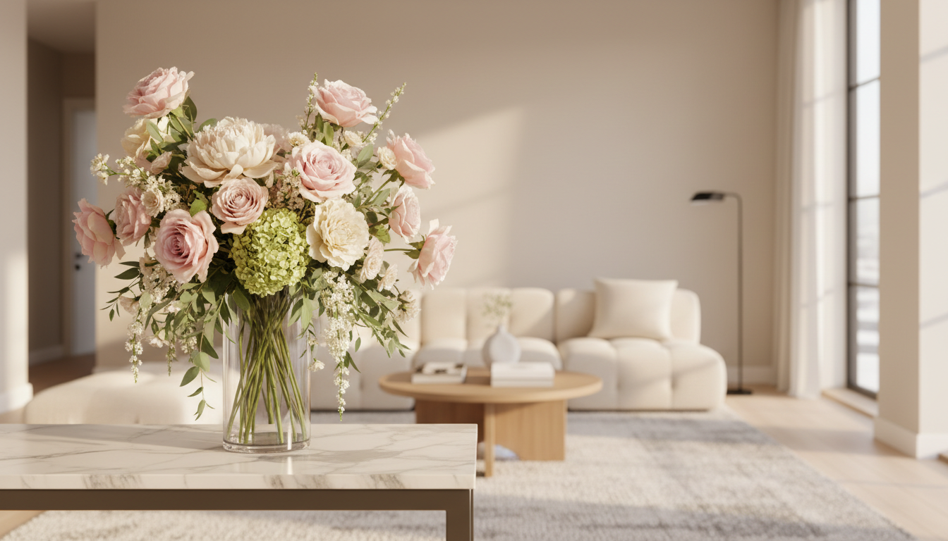 A tidy workstation improves focus and daily productivity for your team. A clean modern office interior featuring a polished table with fresh flowers and natural lighting.