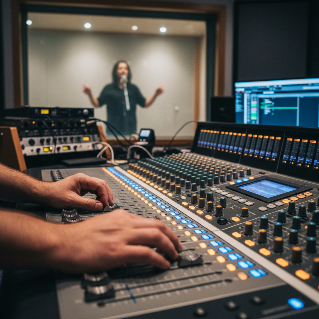 Using music and creative expression to process deep-seated ancestral trauma. A Christian rapper at a music production desk with professional recording equipment.