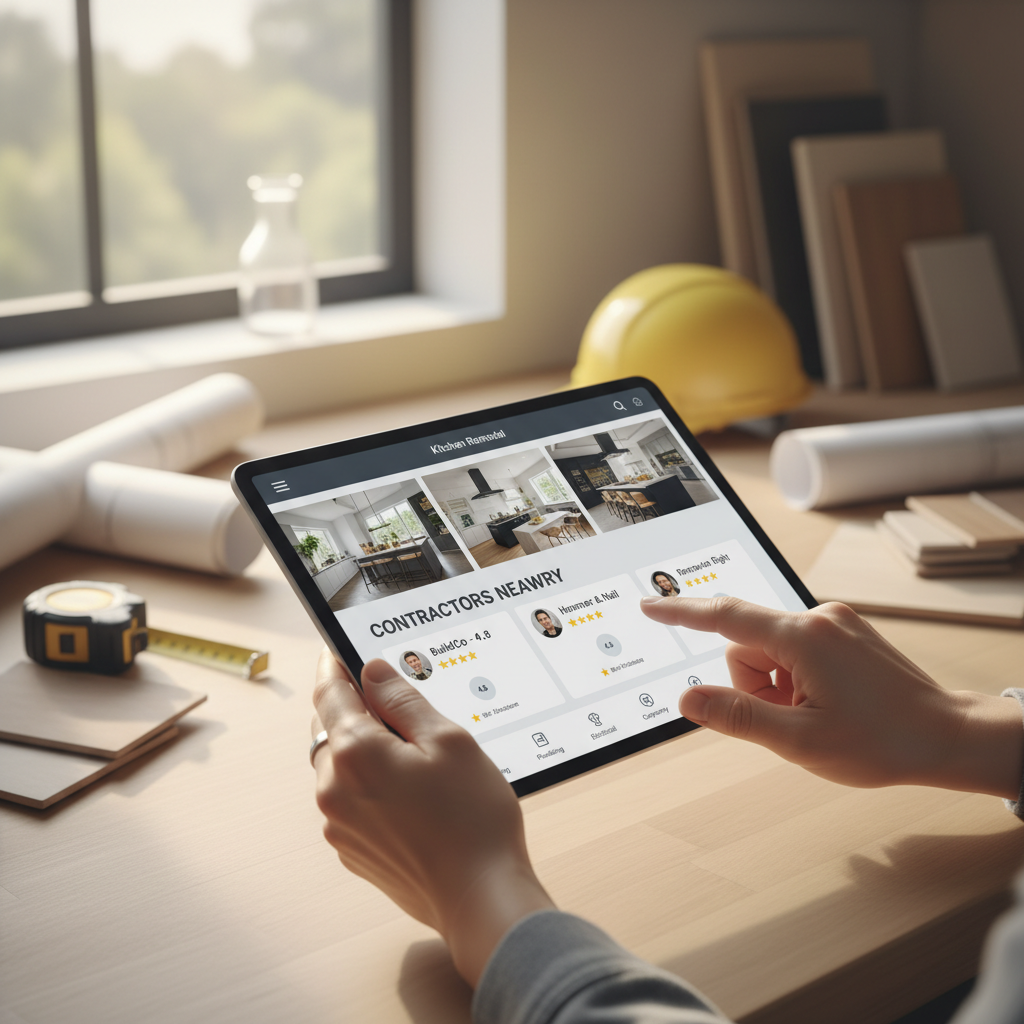 Homeowner's hands holding tablet displaying construction marketplace interface with contractor profiles and project plans Homeowner's hands holding tablet displaying construction marketplace interface with contractor profiles and project plans