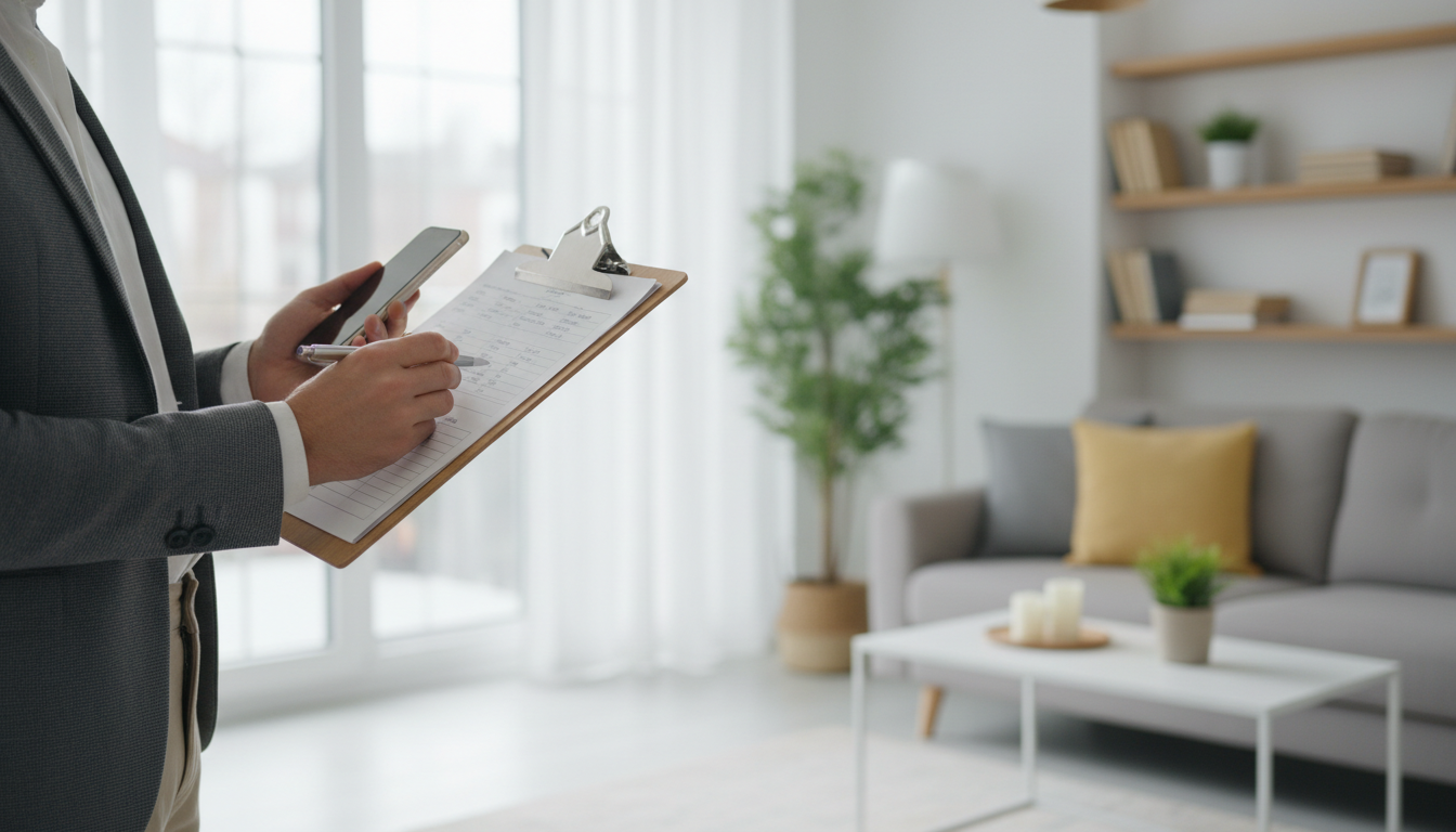 Thorough documentation of property condition is vital for 2026 compliance. A property inspector using a camera and checklist to document the condition of a clean residential living space.
