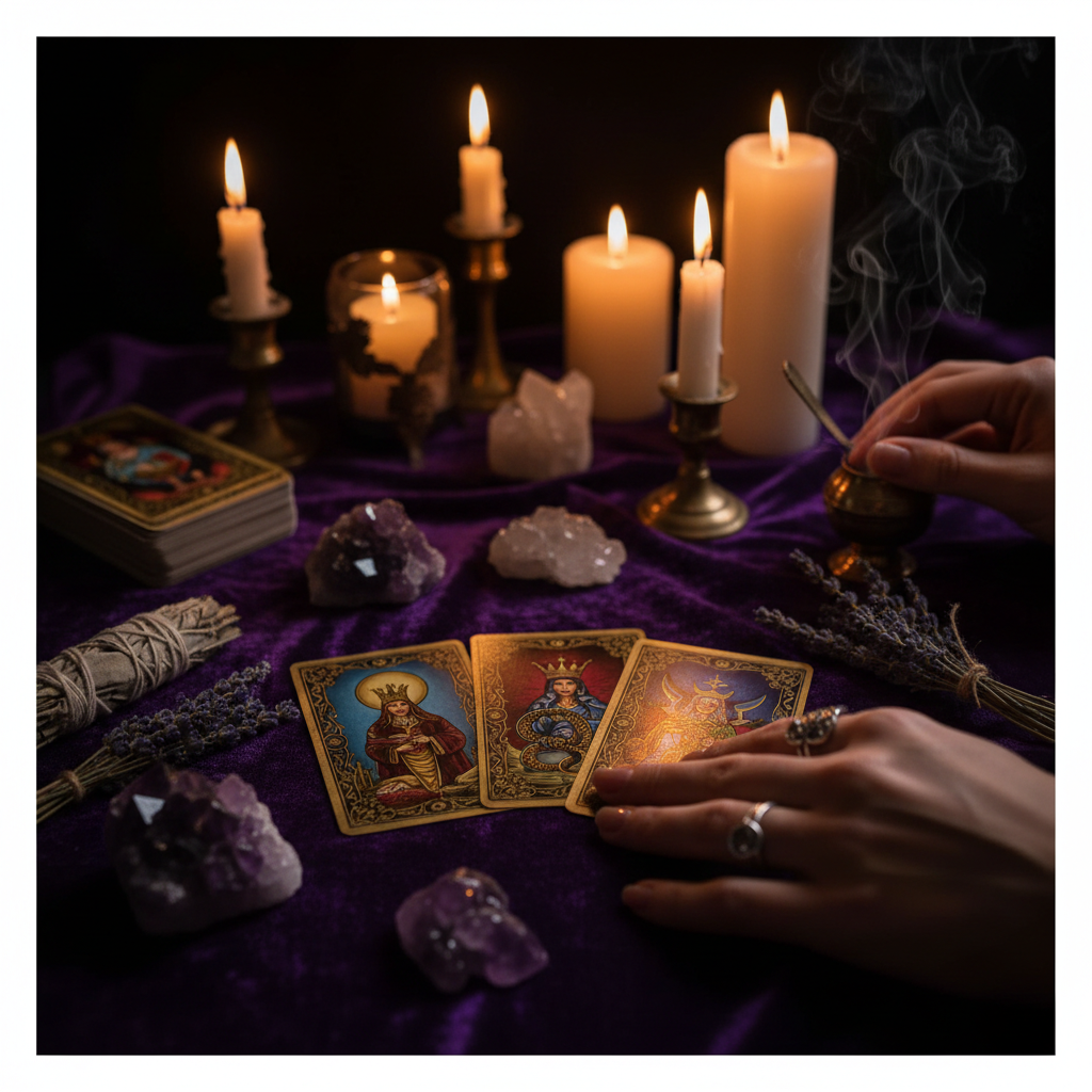 Hands laying out tarot cards by candlelight on velvet cloth with crystals and lit candles in soft focus background