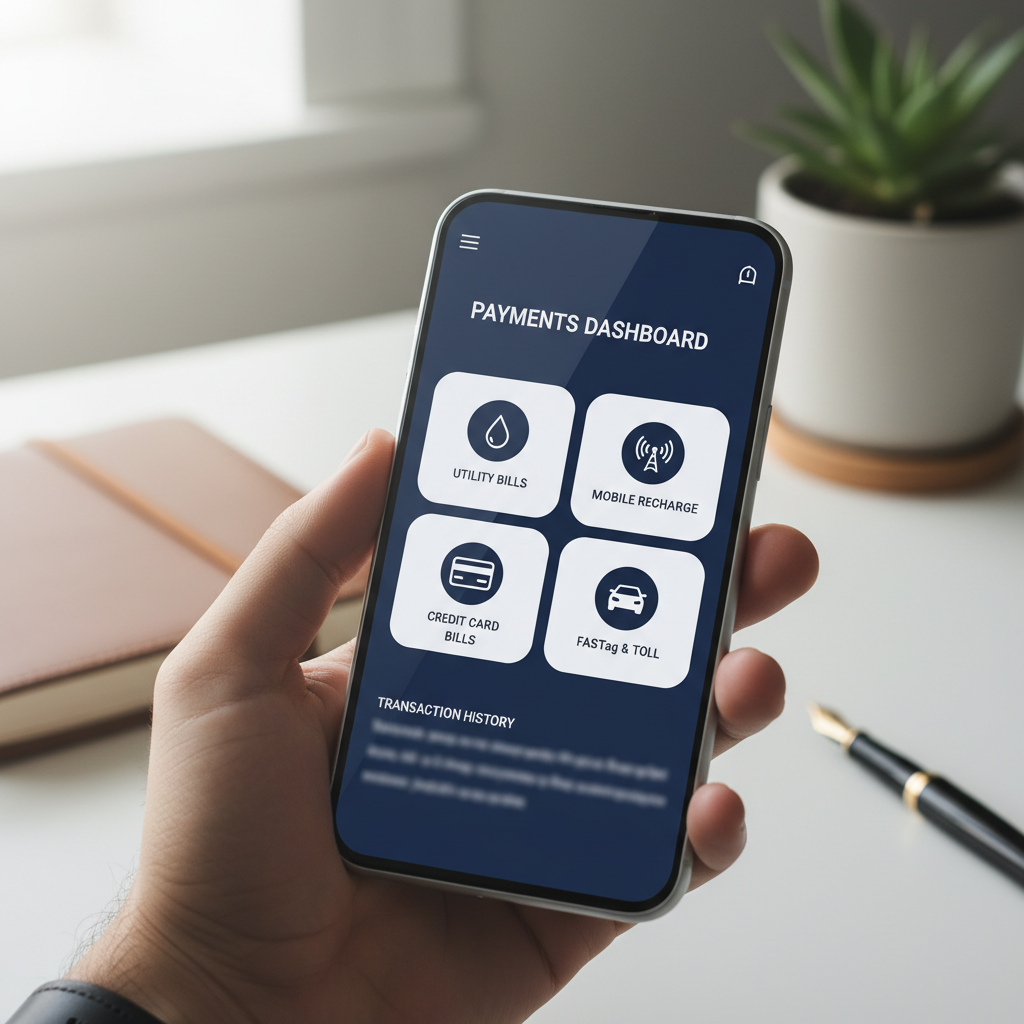 Smartphone displaying bill payment app dashboard with utility bills, recharge, and financial management options