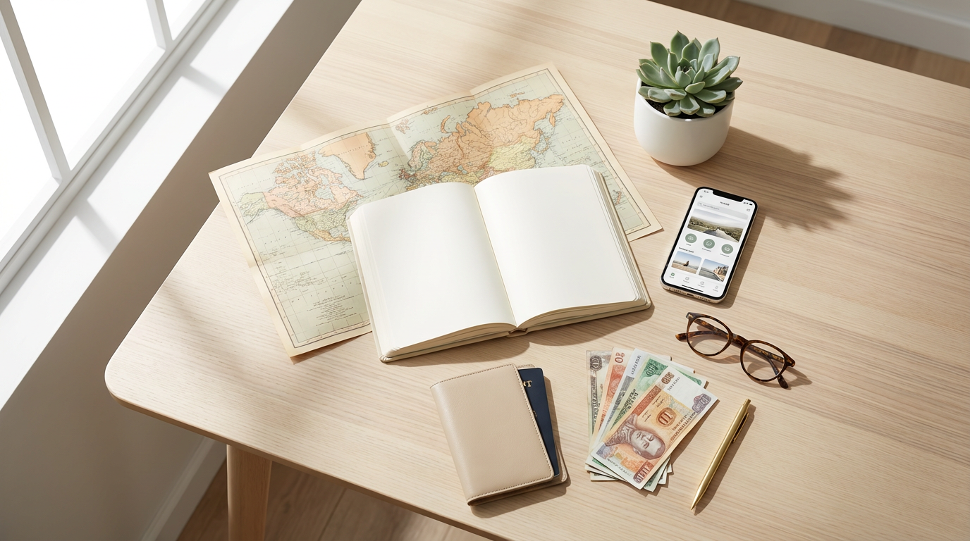 An organized travel workspace with journal, map, phone and passport