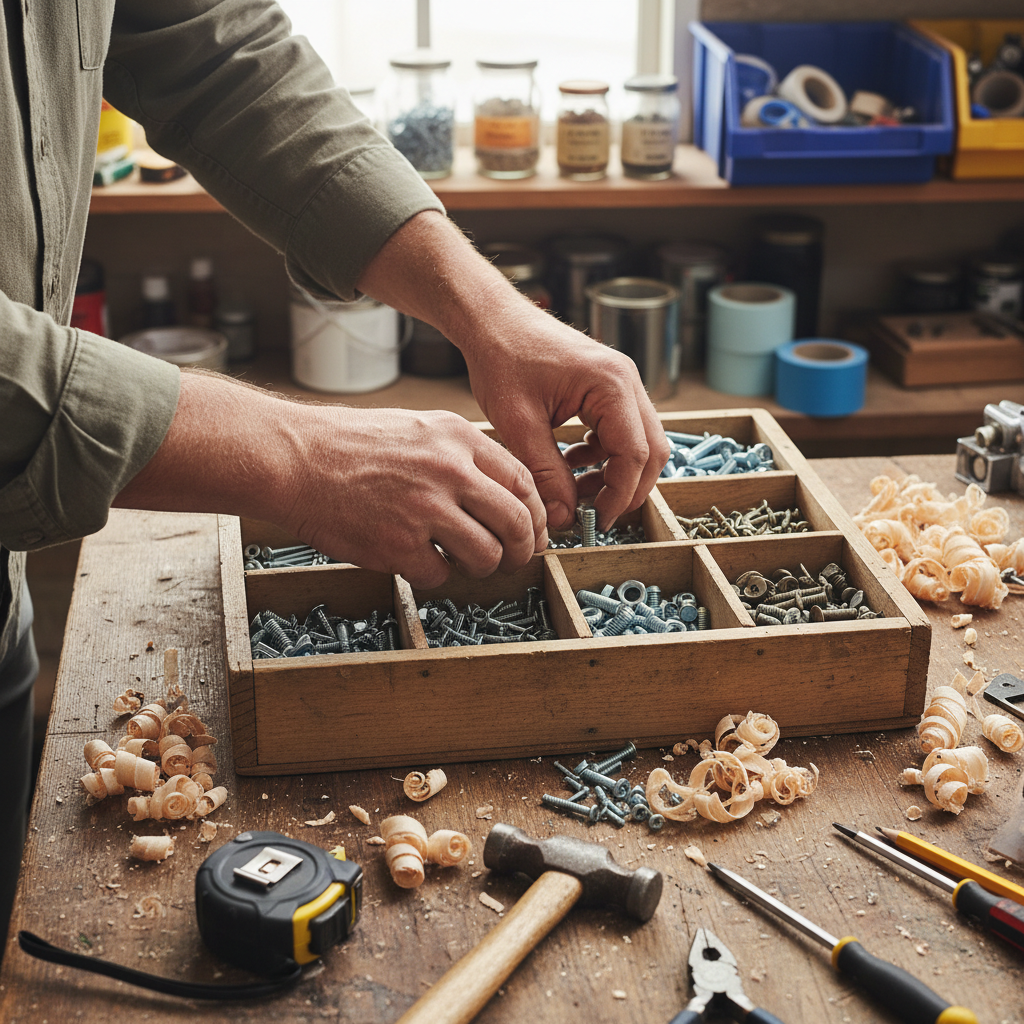 Access to professional grade tools is one of the biggest advantages of hiring a local expert. A handyman in a work apron organizing high quality tools and equipment in a workshop
