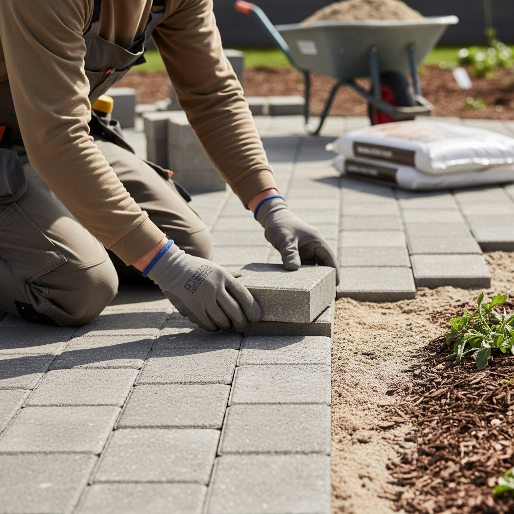 Landscape professional's hands carefully positioning and installing interlocking concrete pavers into sand base walkway
