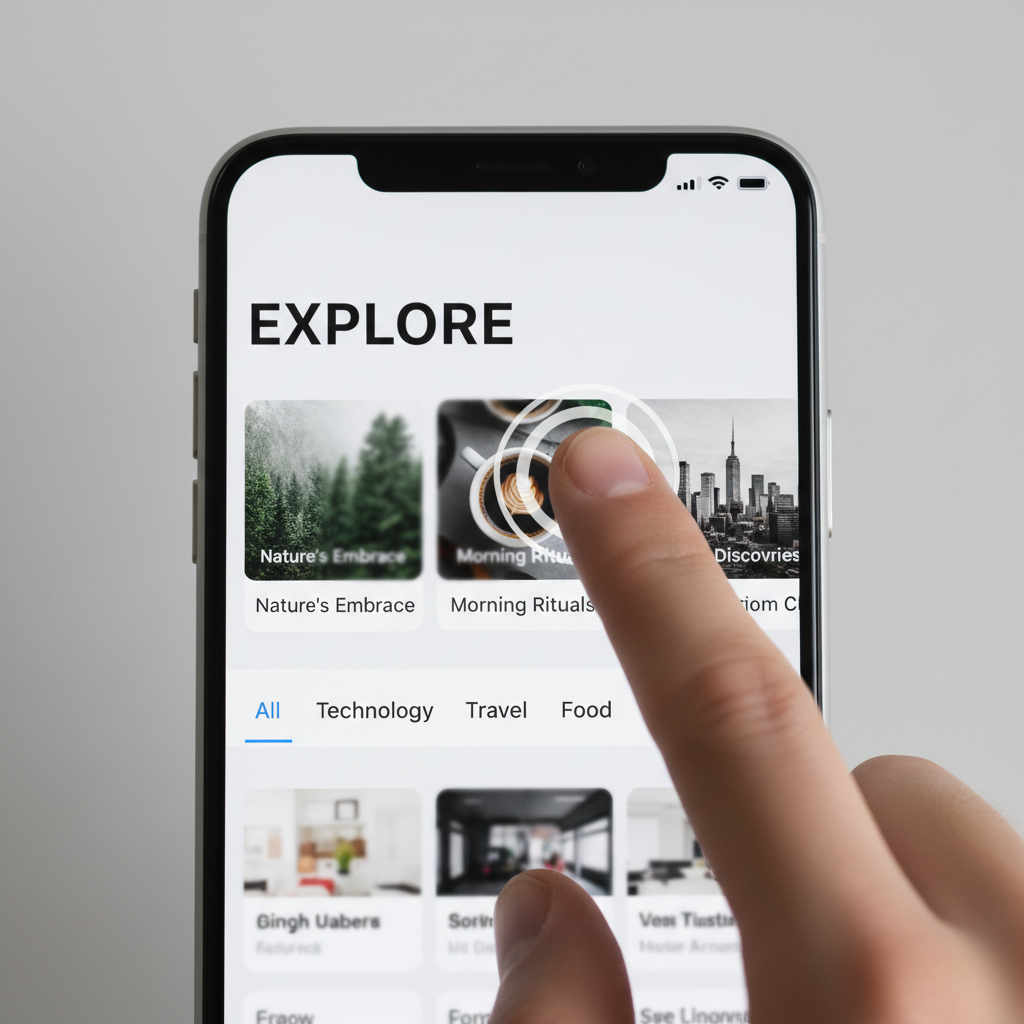 Close-up of finger touching smartphone screen displaying light mode publishing platform interface Close-up of finger touching smartphone screen displaying light mode publishing platform interface