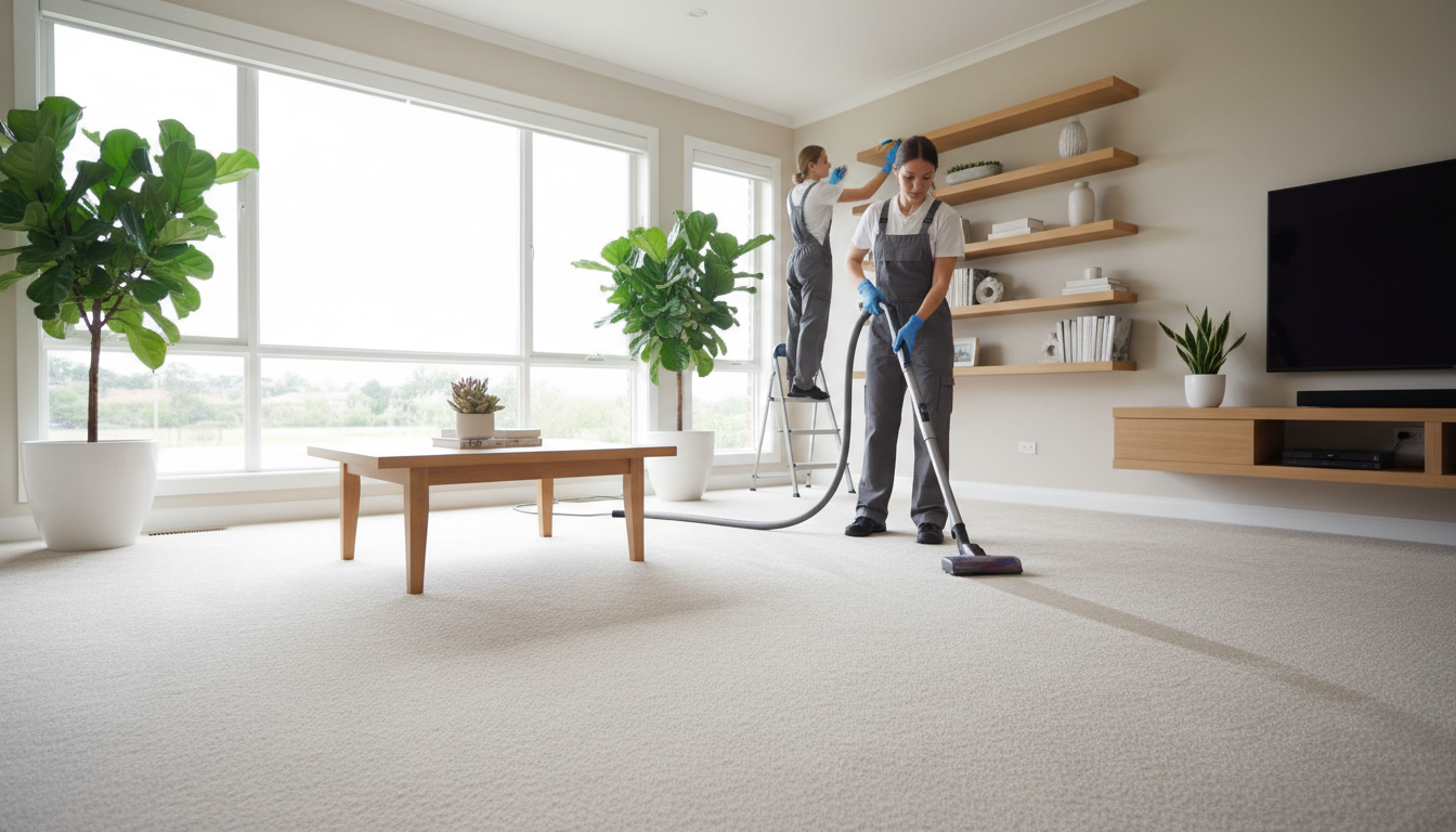 Professional cleaning team working together in bright residential living room, vacuuming carpet and dusting shelves Professional cleaning team working together in bright residential living room, vacuuming carpet and dusting shelves