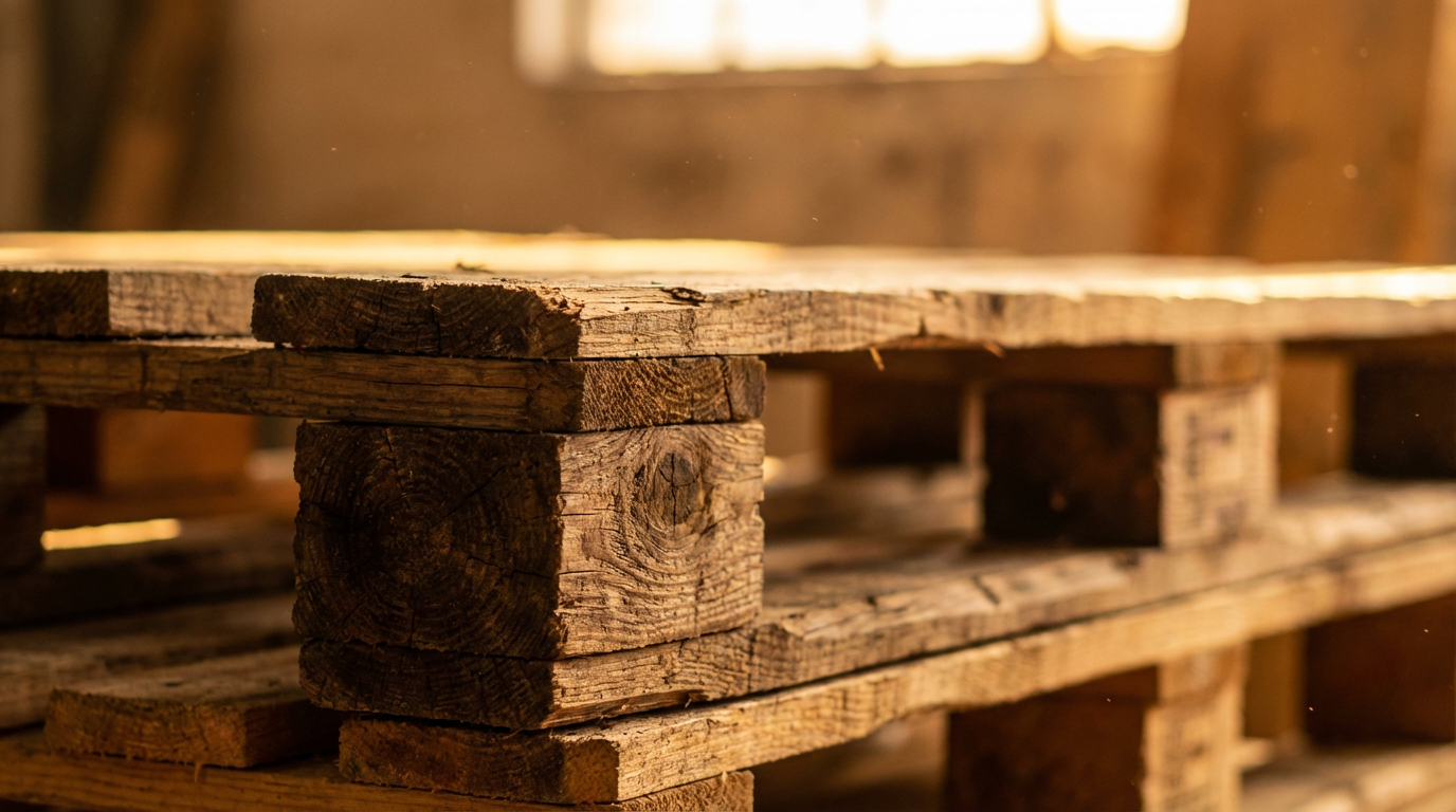 Stacked wooden pallets with golden sunlight and floating dust motes in warehouse setting.