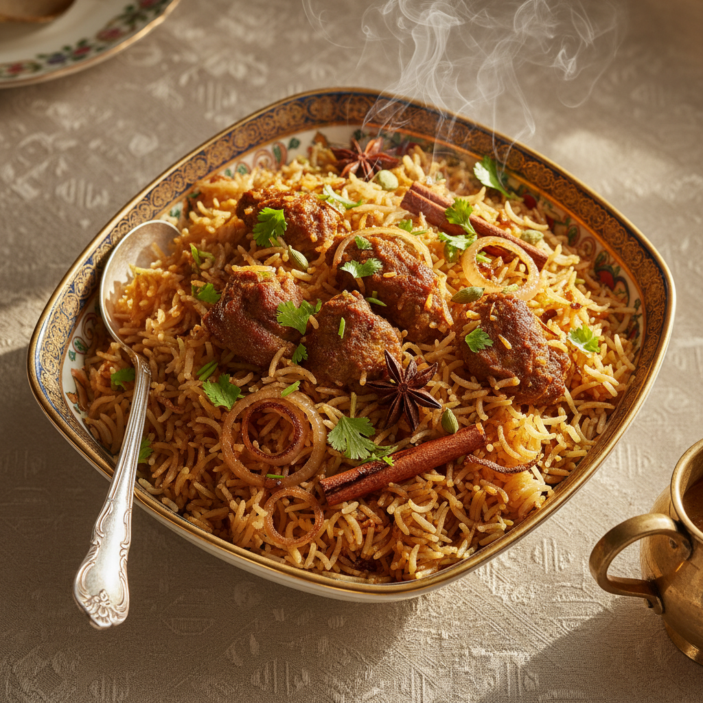 No trip to Hyderabad is complete without tasting the world famous Biryani. A steaming plate of Hyderabadi chicken dum biryani with saffron rice and spices.