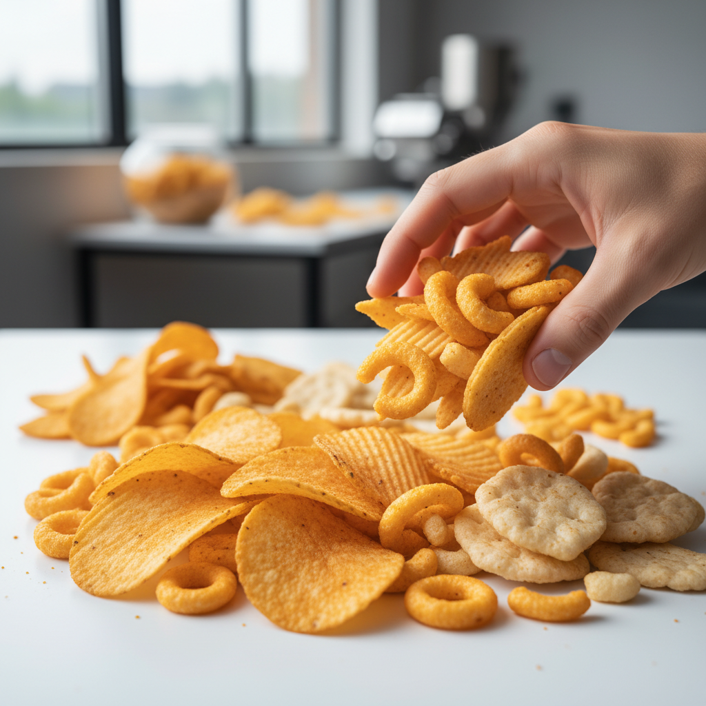 Assorted golden-brown snacks and crackers arranged on white surface with hand reaching to grab a handful