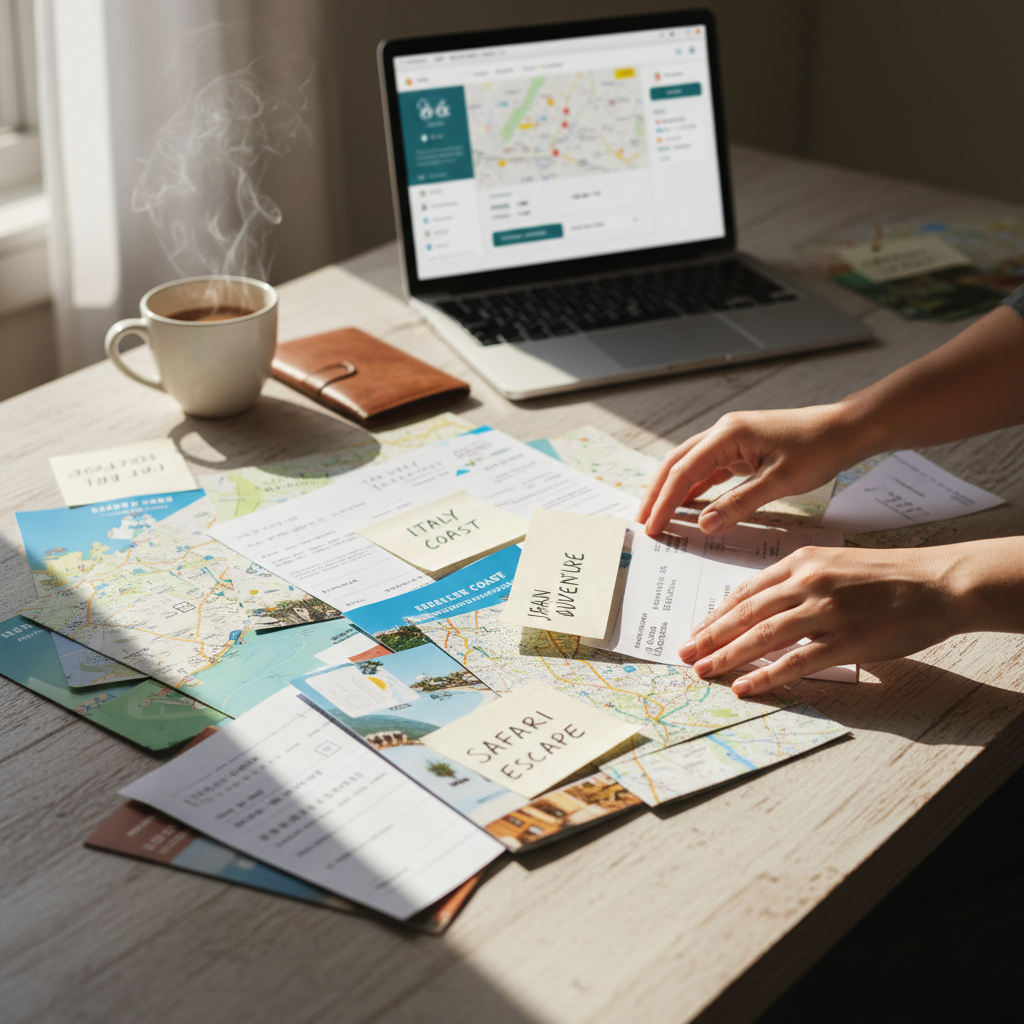 A well-organized itinerary is the secret to a stress-free vacation experience. Detailed travel itinerary and booking documents spread on a desk with a pen and coffee cup