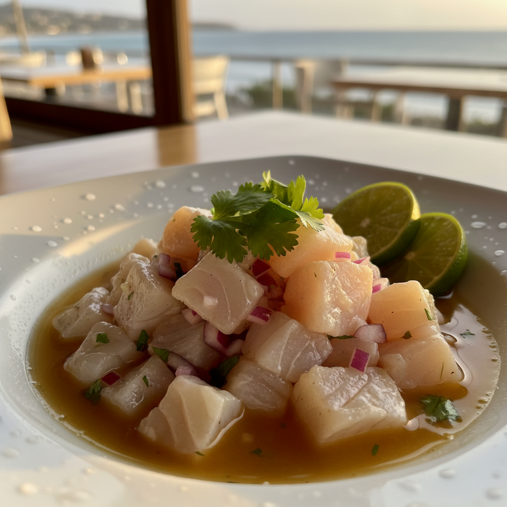 Freshly prepared ceviche with marinated fish, citrus, cilantro, and lime in white ceramic bowl with soft golden lighting