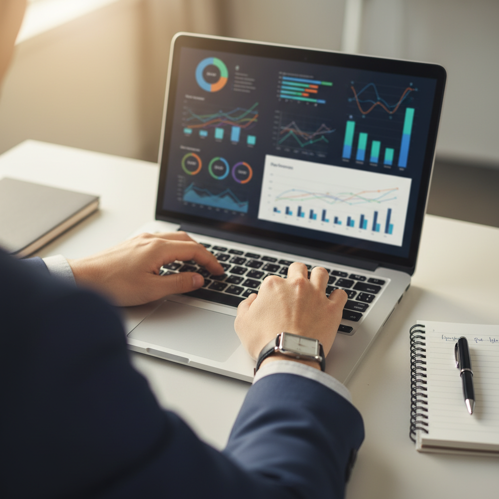 Business consultant analyzing growth metrics and performance data on laptop with analytics dashboard Business consultant analyzing growth metrics and performance data on laptop with analytics dashboard