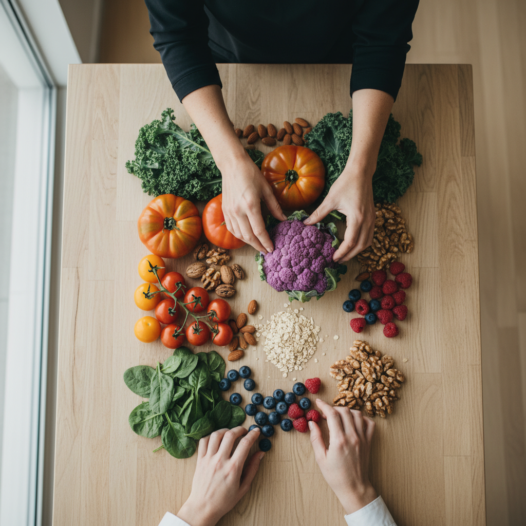Nutritionist arranging fresh organic vegetables and whole foods on wooden table during personalized dietary consultation session
