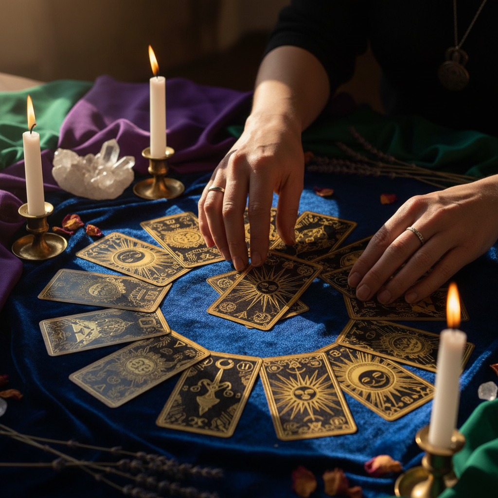 Close-up of tarot cards being laid out during consultation with soft candlelight and warm atmospheric lighting