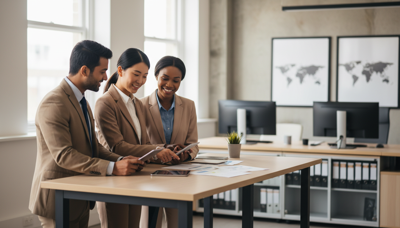Diverse recruitment consultants collaborating at standing desk reviewing employment documents in modern office environment