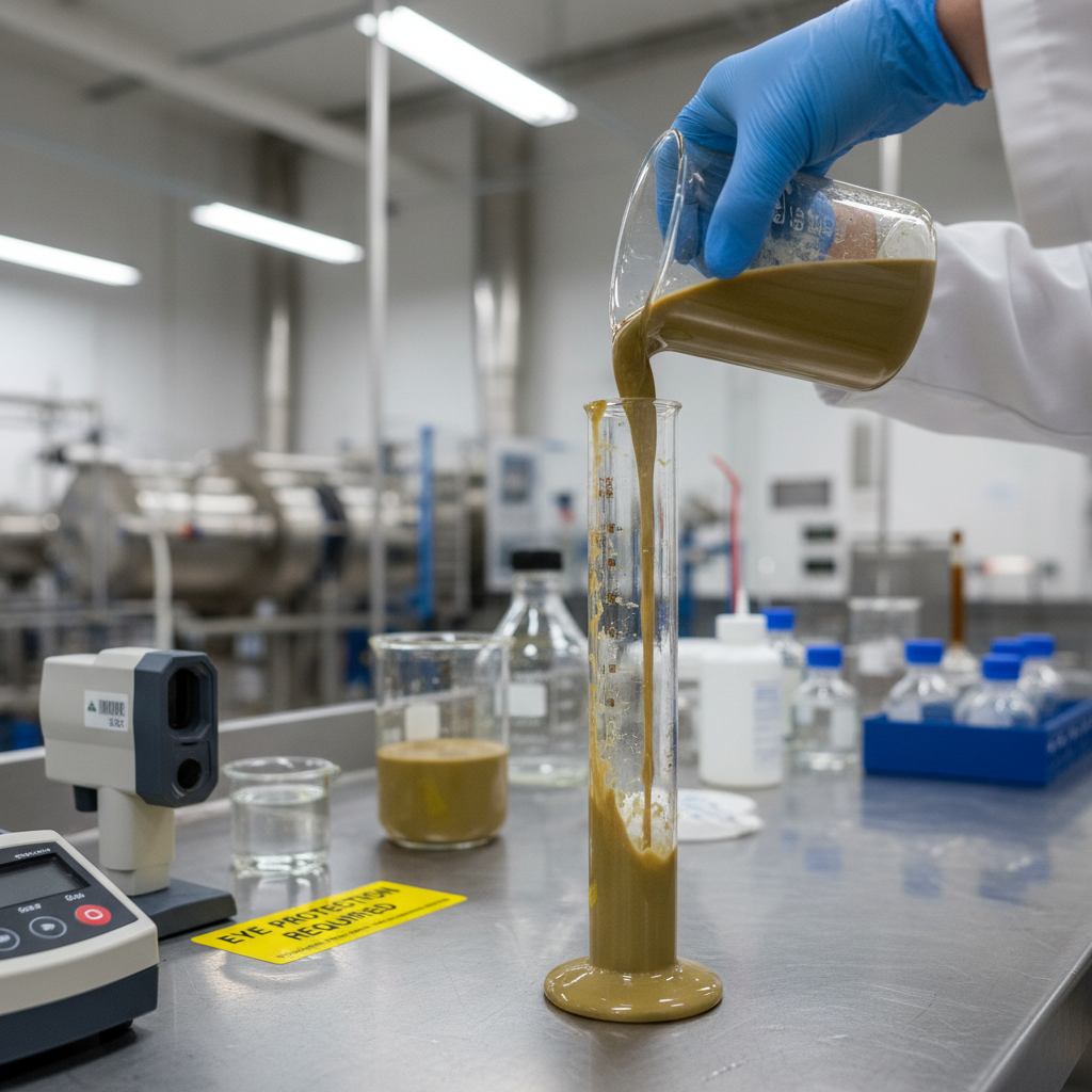 Chemical technician's hands measuring drilling fluid in laboratory with precision instruments and protective equipment
