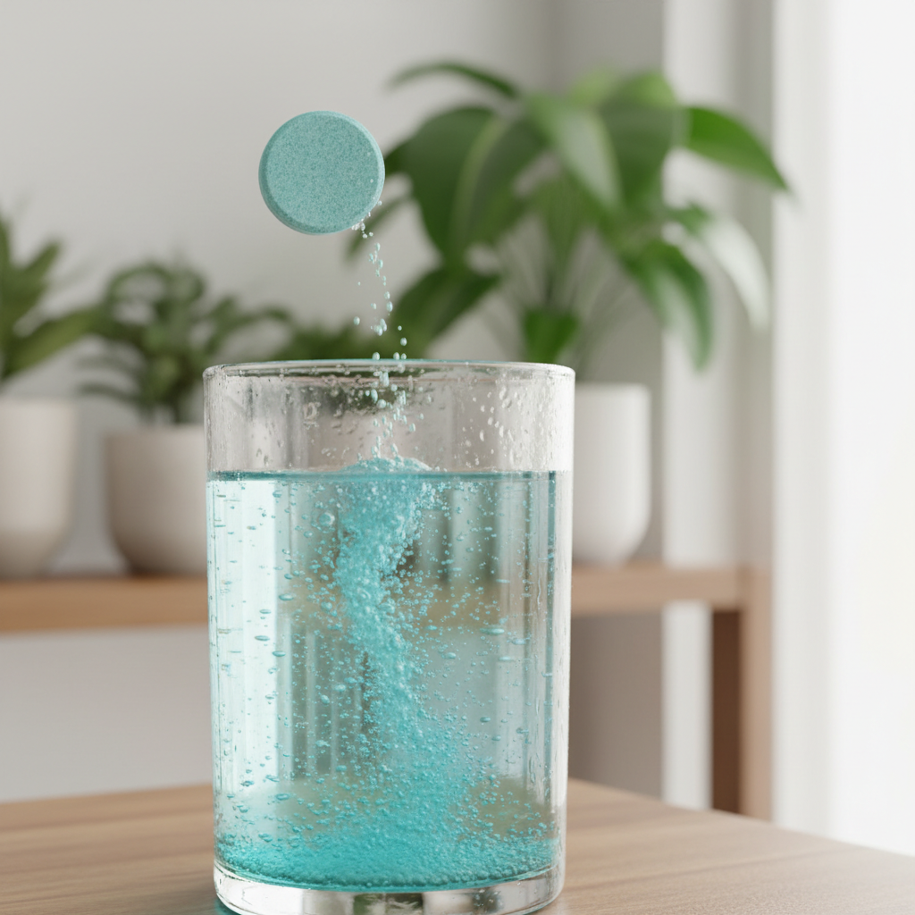Fertilizer tablet dissolving in clear water with visible effervescence, potted plants visible in soft-focus background Fertilizer tablet dissolving in clear water with visible effervescence, potted plants visible in soft-focus background
