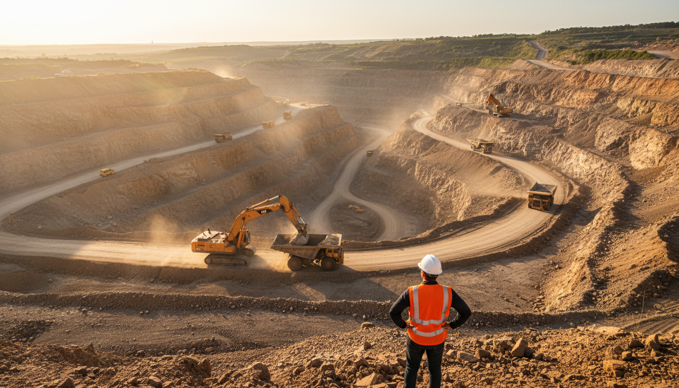 Wide view of open-pit mining site with excavators, haul trucks, and workers in safety gear operating across terraced extraction levels
