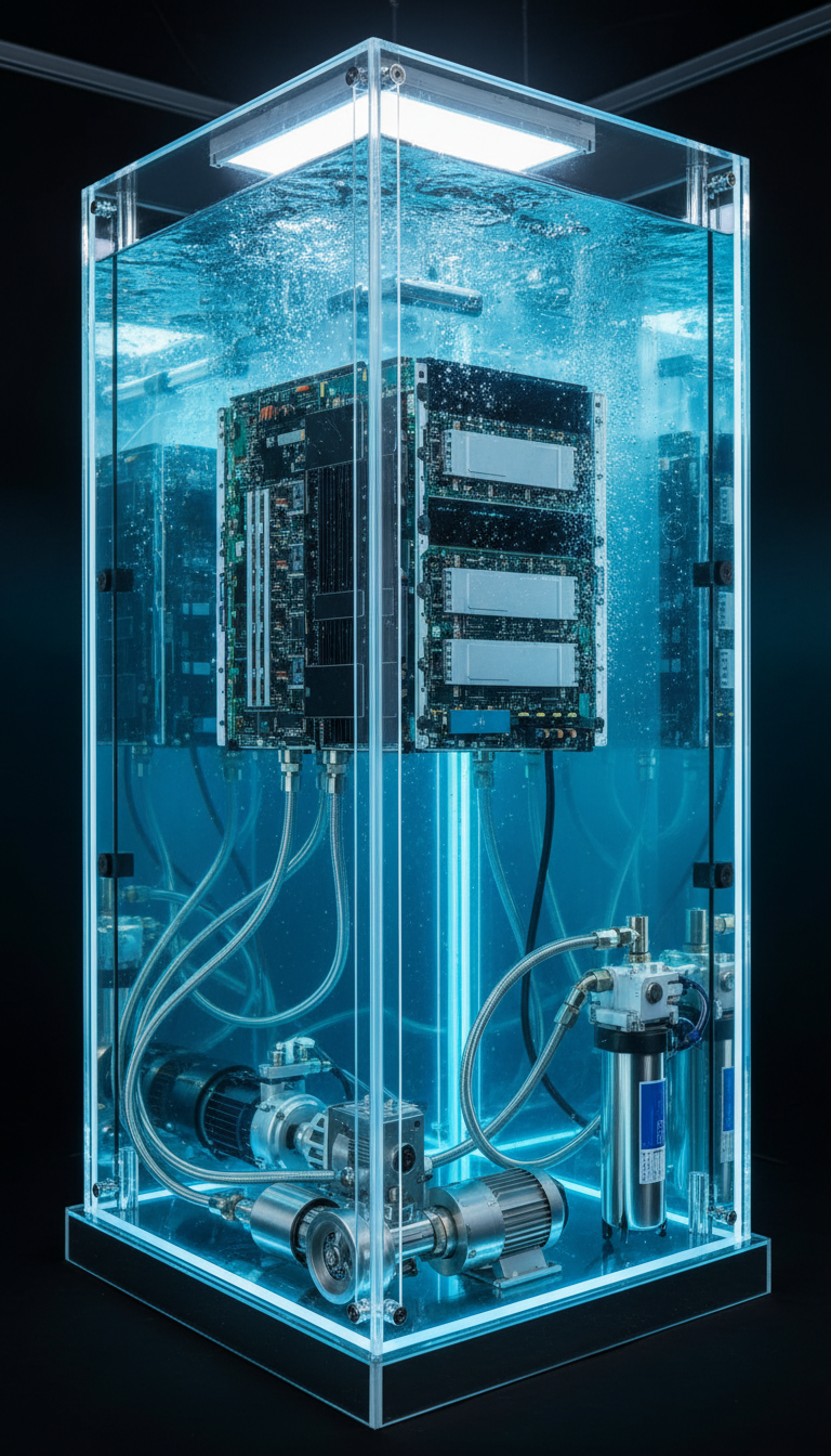 Transparent liquid immersion cooling tank showing server components suspended in blue dielectric coolant with circulation pumps visible Transparent liquid immersion cooling tank showing server components suspended in blue dielectric coolant with circulation pumps visible