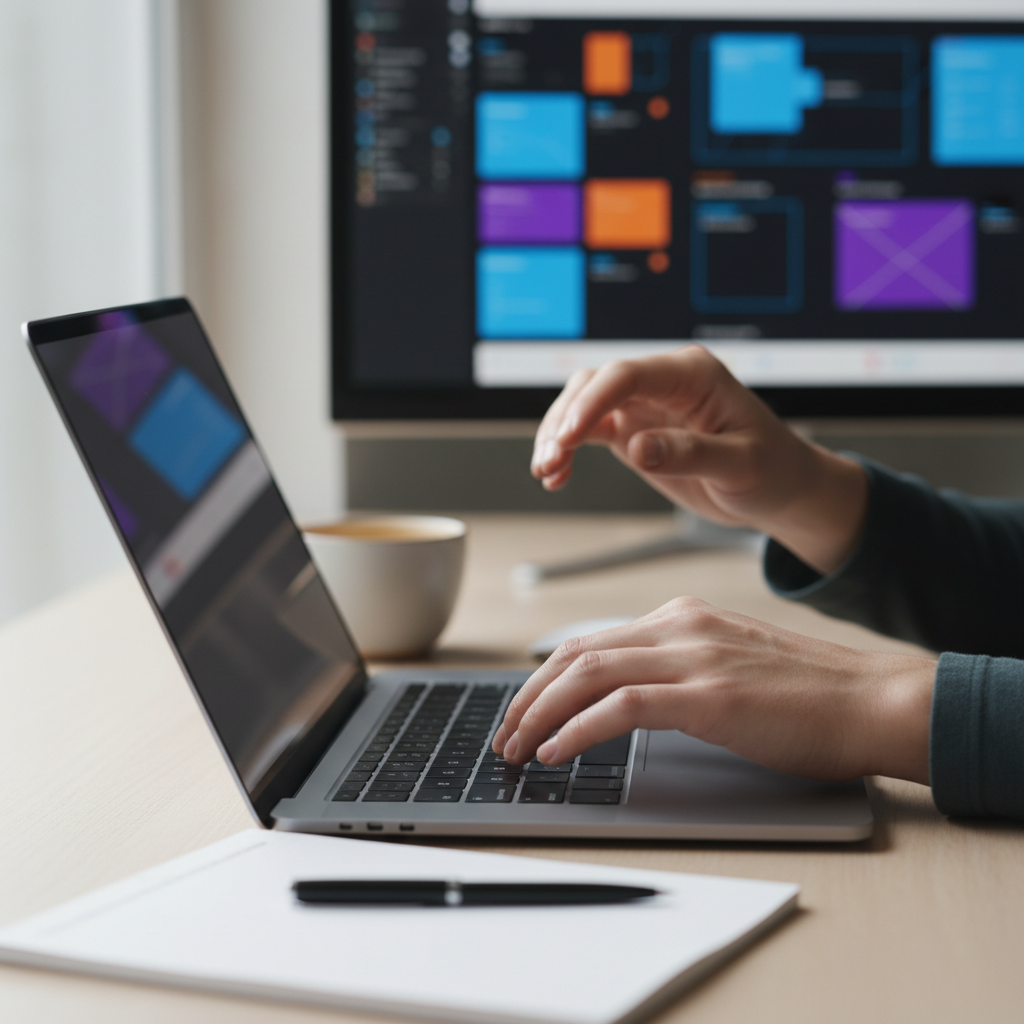 AI tools should assist your creativity, not replace the human element of your marketing. Person typing on a laptop in a bright modern office, focused on content creation and marketing strategy.